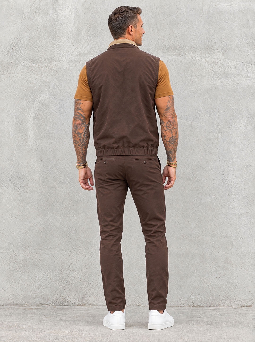 Massimo Gilet Set with T-Shirt - Brown Top & Brown Pants