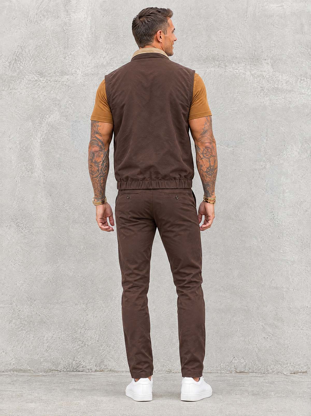 Massimo Gilet Set with T-Shirt - Brown Top & Brown Pants