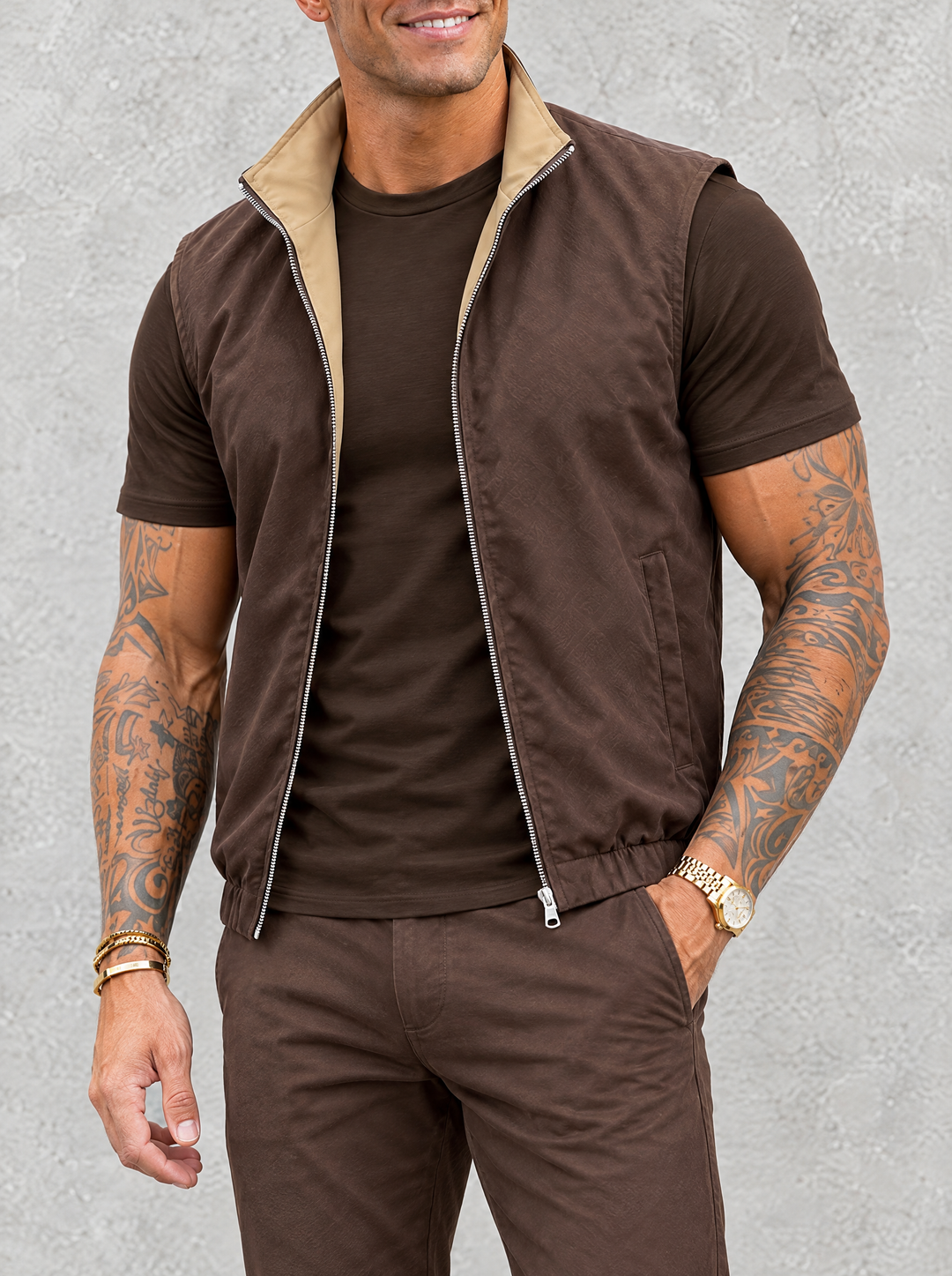 Massimo Gilet Set with T-Shirt - Dark Brown Top & Brown Pants
