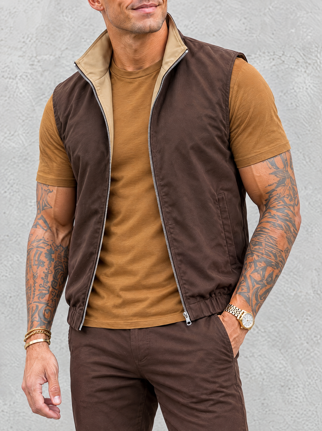 Massimo Gilet Set with T-Shirt - Brown Top & Brown Pants