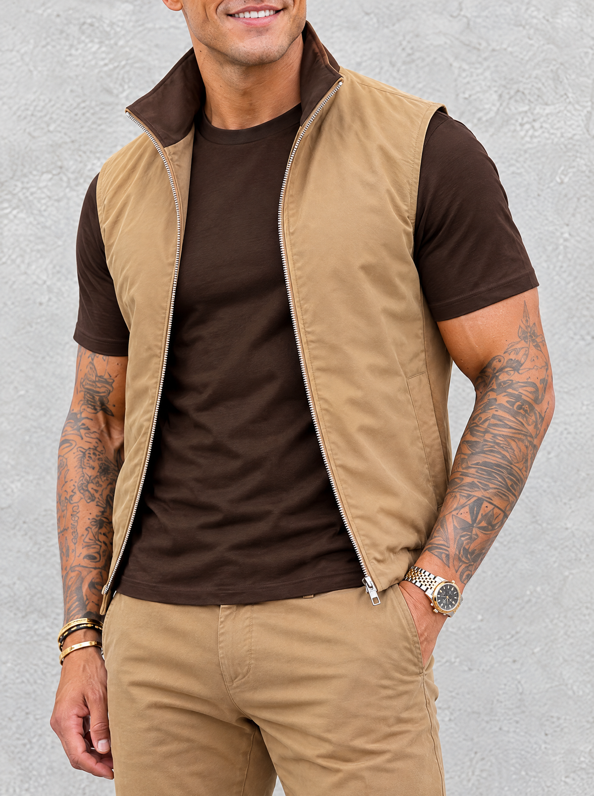 Massimo Gilet Set with T-Shirt - Dark Brown Top & Khaki Pants