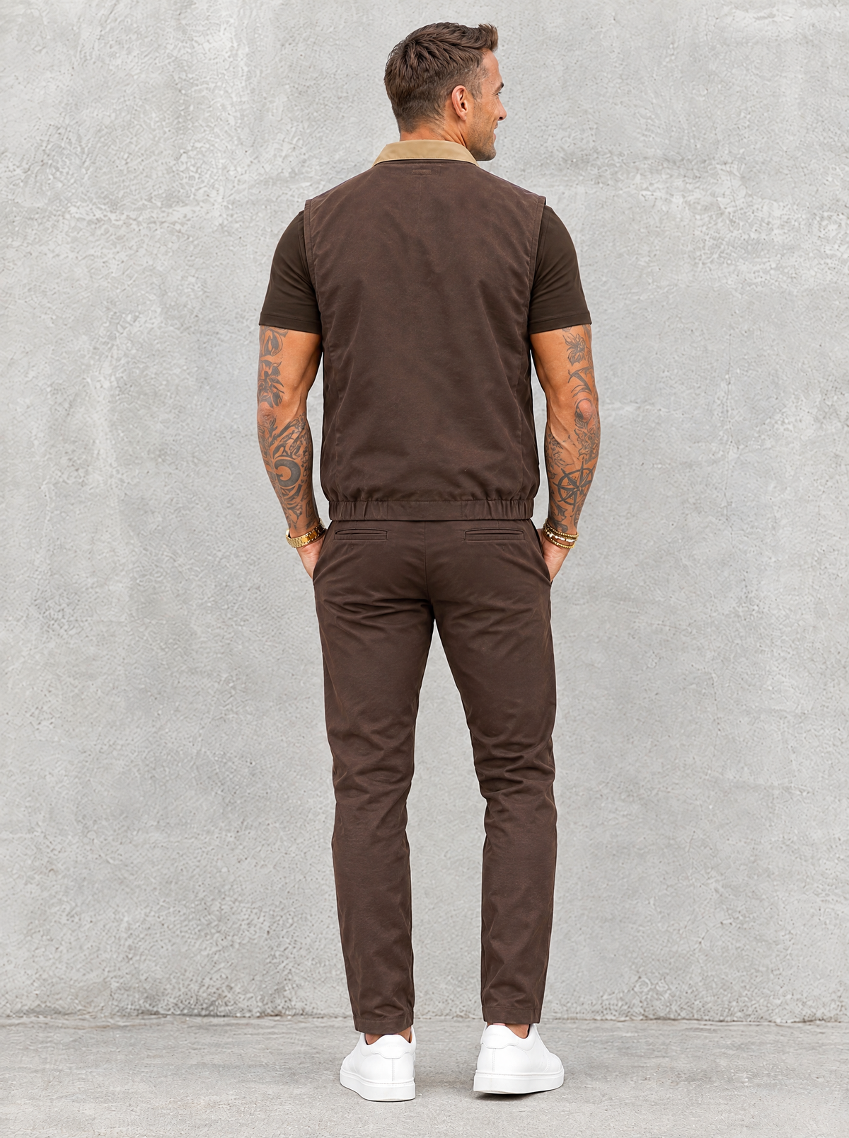 Massimo Gilet Set with T-Shirt - Dark Brown Top & Brown Pants