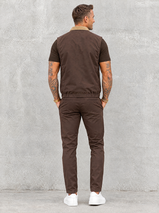 Massimo Gilet Set with T-Shirt - Dark Brown Top & Brown Pants